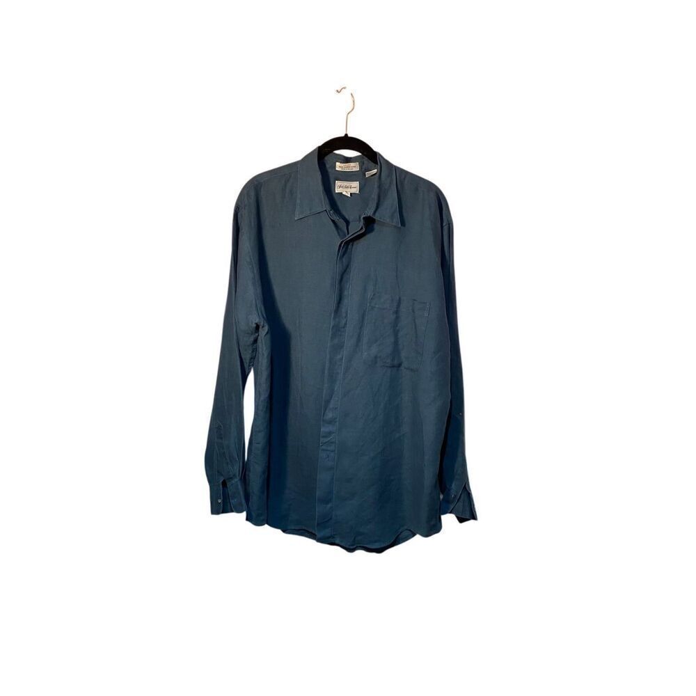 Saks women’s forest green 100% pure linen machine, washable long sleeve shirt S/